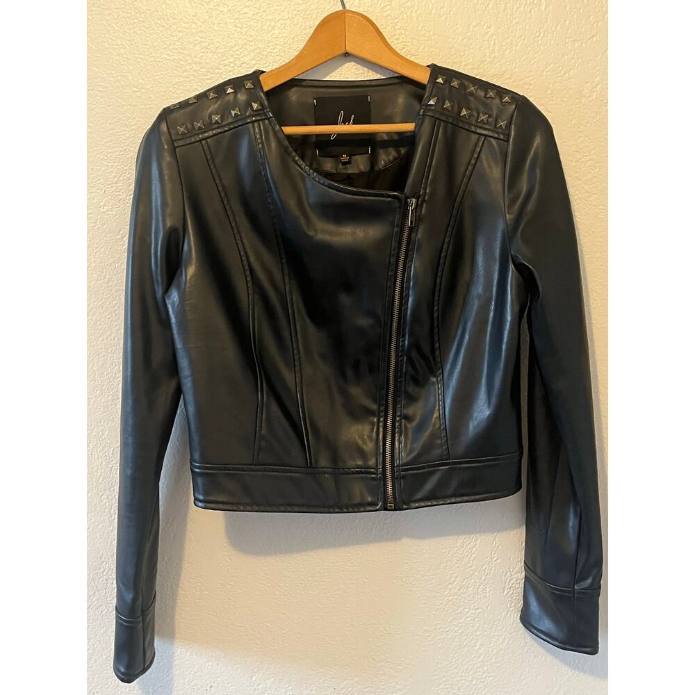 Womens Jack Faux Leather Crop Top Bomber Jacket with Gold Shoulder Studs Size M - Picture 1 of 7